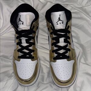 Jordan 1 Mid Metallic Gold and White Sneakers